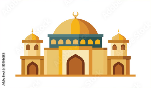 Stylized Islamic Mosque with Golden Domes and Minarets, Featuring Crescent Moon Symbol