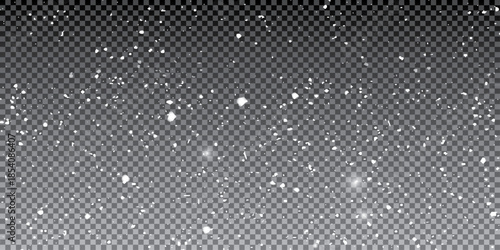 Bokeh white snow on a transparent background. Realistic snowfall overlay on transparent background. White winter snowflakes and frosty dust texture for festive and seasonal design.