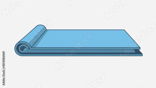 Blue yoga mat rolled up for exercise and fitness routines.