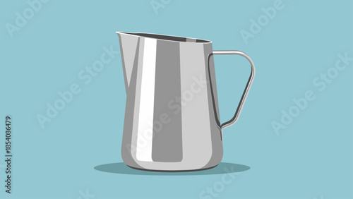 Simple metal pitcher with handle on blue background.