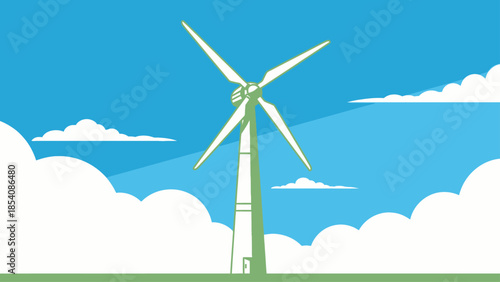 Green energy wind turbine generating sustainable electricity under blue sky.