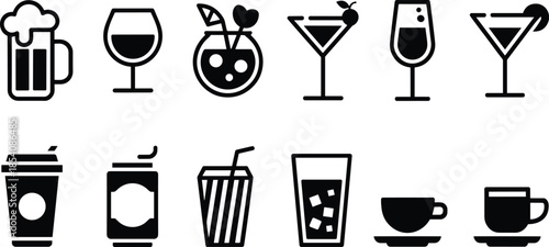 Black beverage icon set, drink glass symbols, alcohol cocktail coffee juice icons, bar cafe restaurant menu design, minimal outline pictogram collection isolated white background