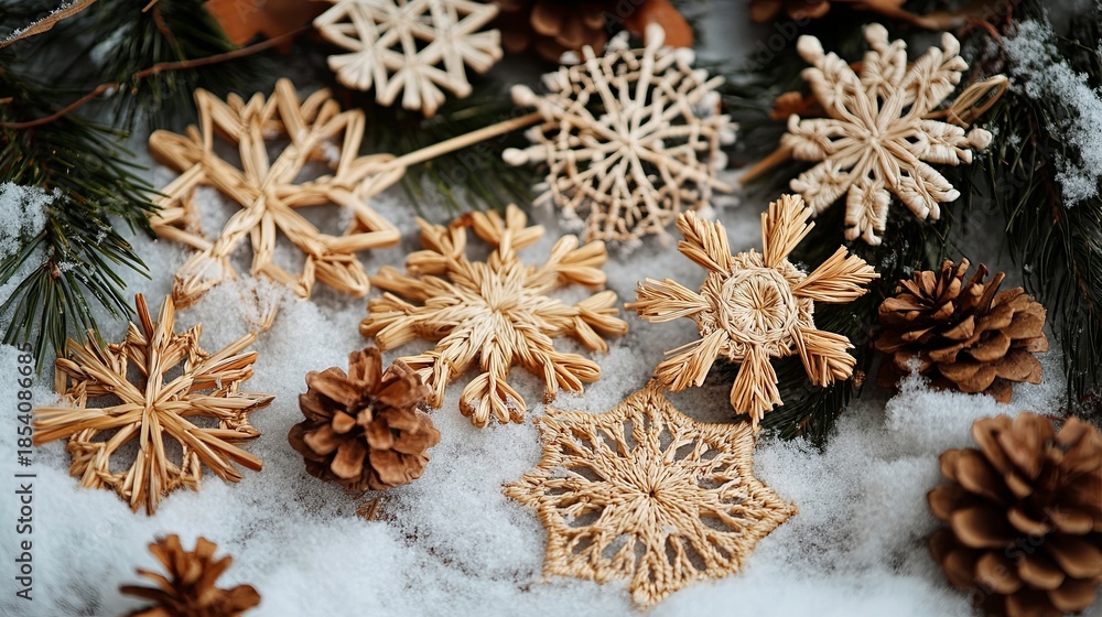 Fototapeta premium Decorative snowflakes made of straw and thread .
