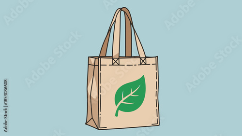 Eco-friendly reusable shopping bag with green leaf logo on light background.
