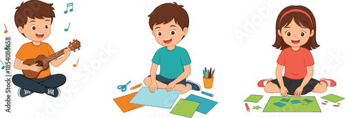 Kids creative activities vector illustration set with playing guitar, drawing, cutting paper and crafting artwork