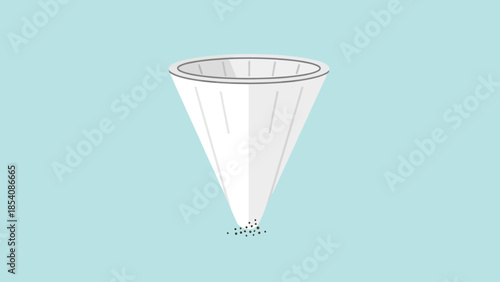 Minimalistic illustration of a white triangular paper cone with small granules on light blue background.