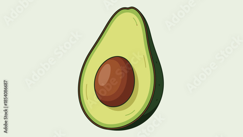 Illustration of a half avocado with a seed on a light background.