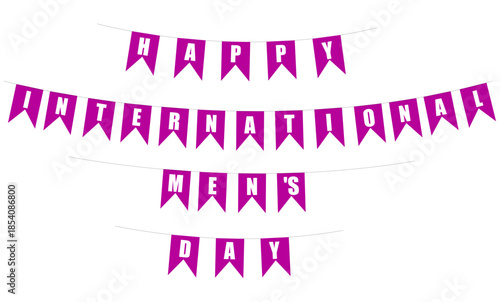 Purple flag banner with white letters spelling Happy International Men's Day, strung in three festive rows for celebration and global awareness decor