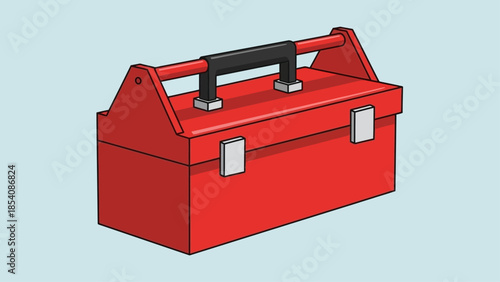 Red portable toolbox with black handle and metal latches on blue background.