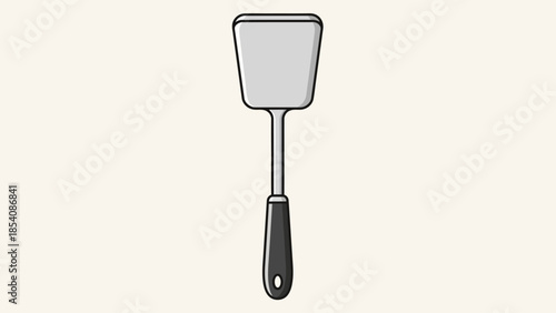 Simple kitchen spatula illustration with black handle and metal blade.