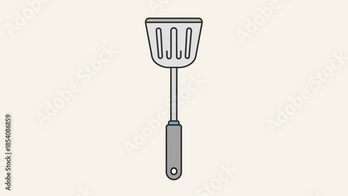 Simple illustration of a kitchen spatula with gray handle and slotted head.