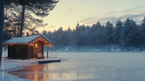 Wallpaper Mural Finnish sauna house by a frozen lake, decorated with pine branches . Torontodigital.ca