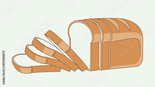 Freshly sliced loaf of white bread on a light background.