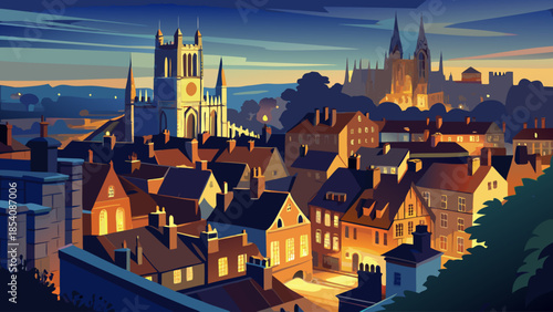 Very beautiful night view of York in Yorkshire, highlighting historic streets, illuminated architecture, and a timeless English atmosphere beneath a dark, tranquil evening sky.