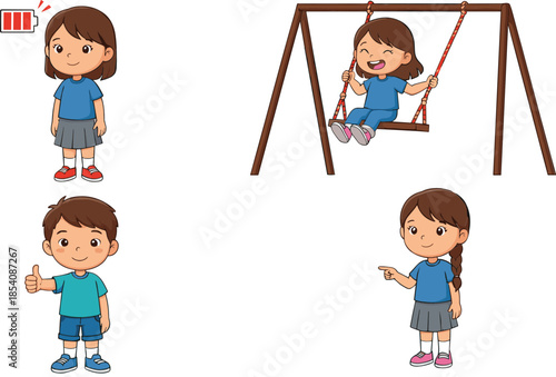 Kids daily activities vector illustration set with children standing, pointing, swinging and showing emotions in cartoon style