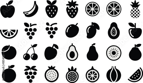 Black fruit icon set, solid glyph silhouettes of apple banana strawberry citrus grape tropical fruits, minimal vector symbols, healthy food collection, modern flat design