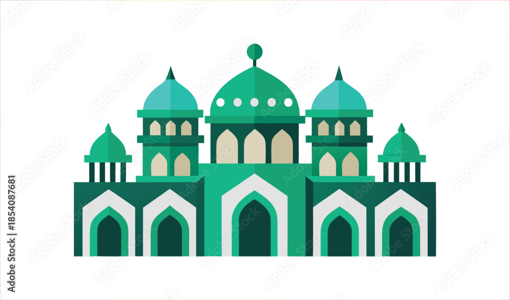 Fototapeta premium Green Mosque Facade With Domes and Arches - Islamic Architecture Style - Vector Illustration