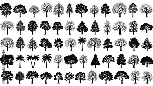 Set of various tree silhouettes and line art icons including deciduous, coniferous, and tropical palms for architectural landscape design projects
