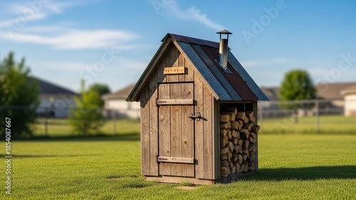 rustic wooden homemade smokehouse in green backyard for diy outdoor cooking blogs, food smoking guides, backyard farm websites, meat processing tutorials, with copy space on bokeh background