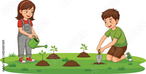 Kids gardening together vector illustration with children planting and watering seedlings in outdoor nature scene