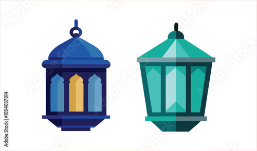 Two Islamic Lanterns, Blue and Teal, Isolated on White Background for Festive Occasions