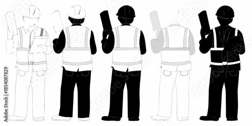 Construction workers in varying shades from outline to solid silhouette