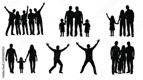 Vector Silhouette Collection of Happy Families, Friends and Couples, Diverse Group of People in Joyful Poses for Social Concept Illustration