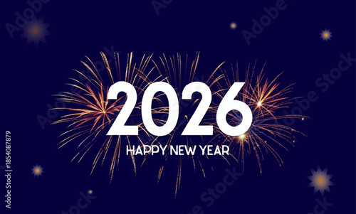 Happy New Year 2026 sign with fireworks vector illustration for winter holiday celebration and business greeting card design.