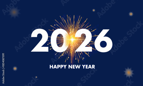 Happy new year 2026 greeting card illustration with winter snow, light decoration, and star symbols for holiday celebration design.