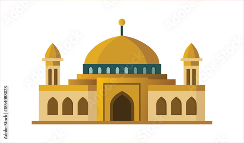 Flat Design Golden Mosque Building with Minarets and Arched Entrance on White Background