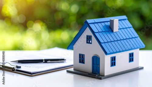 Wallpaper Mural Mini house model with blue roof beside clipboard and pen, outdoor setting. Torontodigital.ca