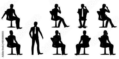 Silhouettes of people sitting and standing in various professional postures