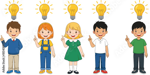 Kids having ideas vector illustration set with children pointing up and light bulb concept in cartoon style