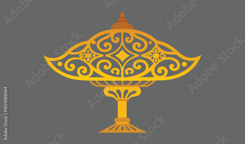 Golden Ornamental Umbrella Shaped Decorative Object with Intricate Swirls and Floral Motifs on Gray Background