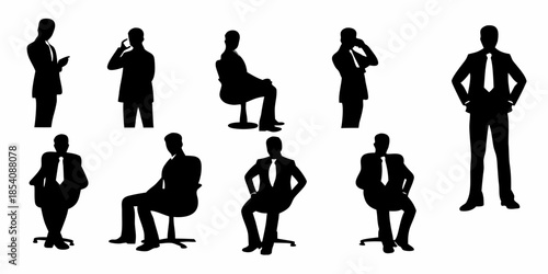 Silhouettes of business people in various poses against a white background