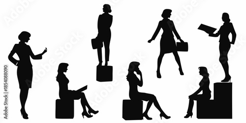 Silhouettes of businesswomen in various poses with briefcases and steps