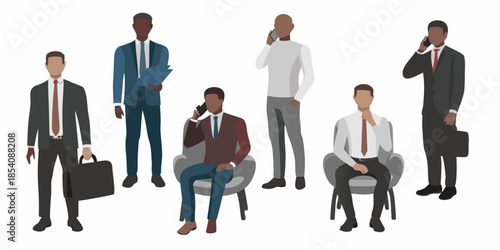 Diverse group of businessmen in suits some using phones and carrying briefcases