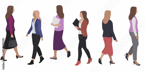 A collection of stylized women figures walking in different fashionable attire