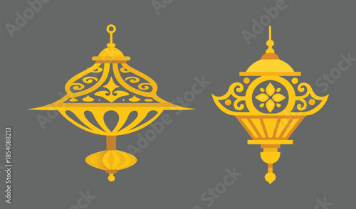 Two ornate golden Islamic lanterns hanging against a solid grey background, intricate filigree detail