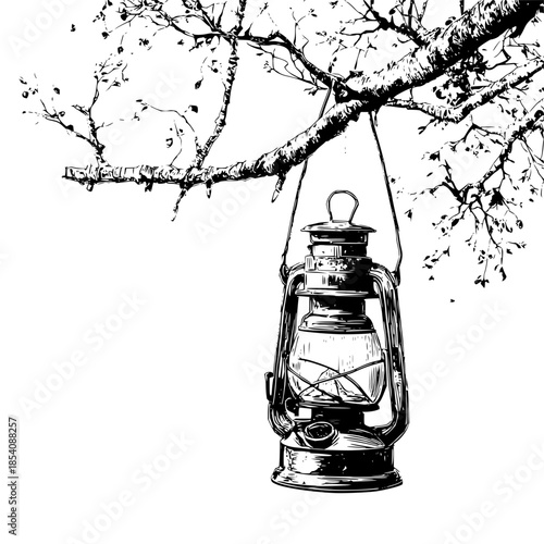 A vintage lantern hangs from a branch with sparse leaves in a monochrome drawing style illustration
