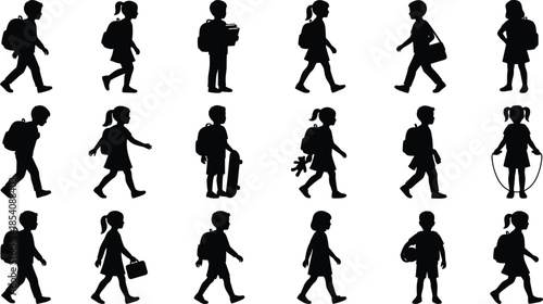 Children activity silhouettes, school kids vector, playful pose icons, backpack book ball artwork, black child motion design