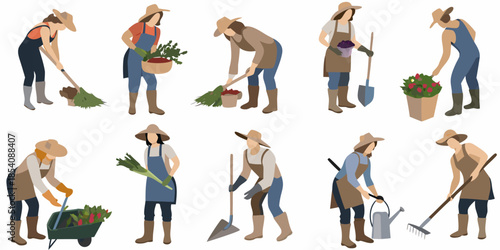 Diverse group of gardeners working with plants and tools in a field