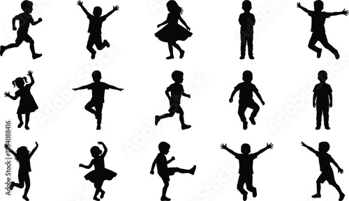 Children silhouette poses, kids activity vector, playful motion icons, child movement artwork, dynamic youth shapes, black silhouette grid