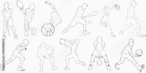 Line art illustration depicting various athletic figures engaged in different sports