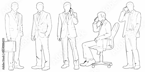 Sketch of businessmen in suits making phone calls posing in various positions