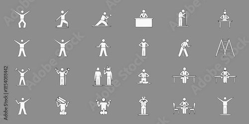 Diverse stick figure poses depicting various human activities and interactions