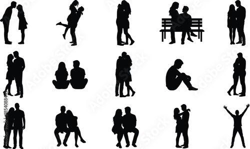 Couple and individual silhouettes, emotional pose vector, relationship icon set, black figure artwork, human interaction design elements