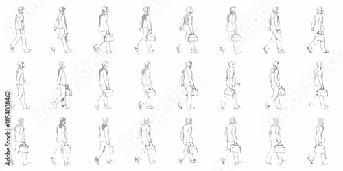A series of sketched figures walking with shopping bags in a repeating pattern