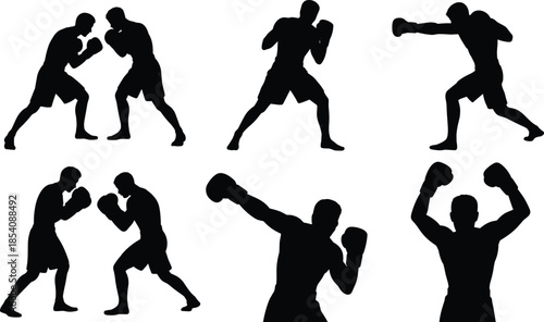 Boxing silhouettes, fighting poses collection, professional boxer training, martial arts combat stances, sport fitness illustration, black shadow athletes isolated on white background