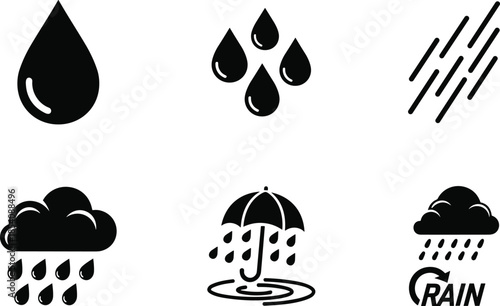 A collection of black and white icons representing rain, water drops, and umbrellas